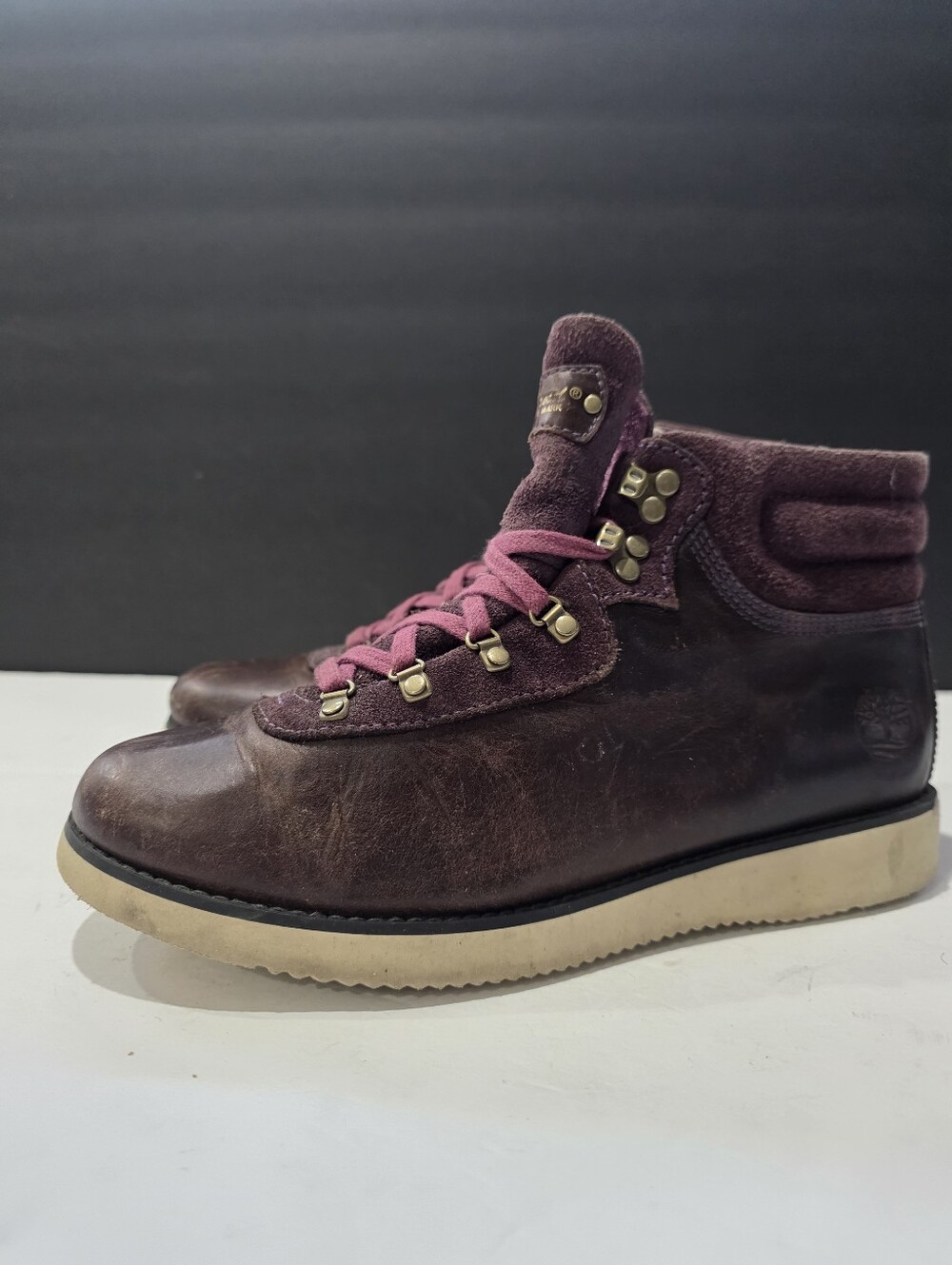 Timberland Brown Leather Plum Suede Hiking Wedge Boots Women's Size 8